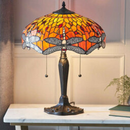 Tiffany Glass Table Lamp Light Dark Bronze Base & Orange Dragonfly Shade I00197 - thumbnail 3