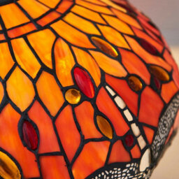 Tiffany Glass Table Lamp Light Dark Bronze Base & Orange Dragonfly Shade I00197 - thumbnail 5