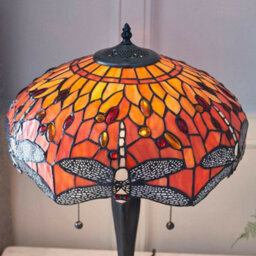 Tiffany Glass Table Lamp Light Dark Bronze Base & Orange Dragonfly Shade I00197 - thumbnail 4