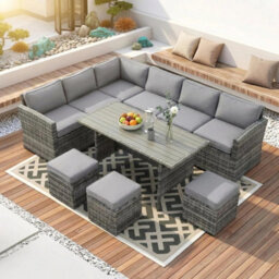 Alivio 9-Seater Outdoor Rattan Patio Furniture Sofa Set With Dining Table, Cushion & Stools - thumbnail 1