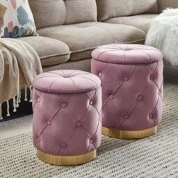 Wyld And Coco Luxenest Pink Velvet Button Tufted Storage Pouffes Set Of 2 With Gold-Tone Base - thumbnail 2