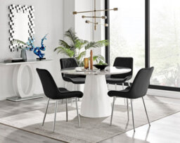 Furniturebox Palma White Marble Effect Round 4-6 Seater Pedestal Dining Table & 4 Black Velvet Pesaro Silver Leg Chairs