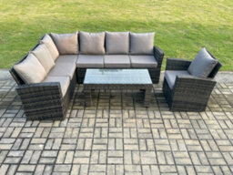 Fimous 7 Seat Rattan Garden Furniture Corner Sofa Set Outdoor Patio Chair Sofa Table Set Dark Grey Mixed - thumbnail 2
