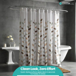 Neel Blue Leaves Design Polyester Shower Curtain, Water-Resistant Bathroom Curtain With 12 Hooks - 180X200Cm - thumbnail 9