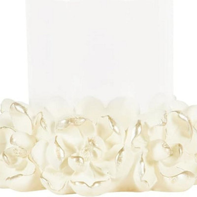 Biznest Glass Elegant Candle Holders Transparent White Magnolia Floral Flower Eye Catching Home Décor 19X16X25 Cm (White)