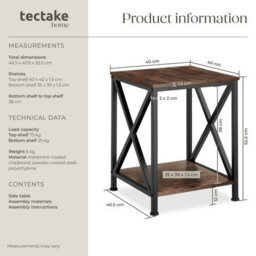 Tectake Bedside Table Carlton - Industrial Style, With 2 Shelves, 40.5 X 40.5 X 52.5 Cm - Industrial Wood Dark, Rustic - thumbnail 6