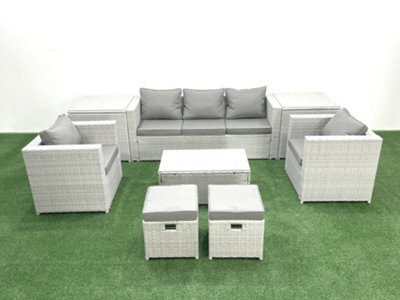 Fimous 7 Seater Rattan Garden Furniture Set 3 Seater Sofa 2 Chair Rectangular Coffee Table 2 Small Stools 2 Side Tables - image 1