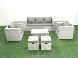 Fimous 7 Seater Rattan Garden Furniture Set 3 Seater Sofa 2 Chair Rectangular Coffee Table 2 Small Stools 2 Side Tables - thumbnail 2
