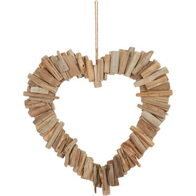 Biznest Driftwood Heart Shaped Wreath With Ribbon Wall Hanging Ornament Rustic Brown Home Decor Artwork Sculpture Gift Ideas 40 Cm - image 1