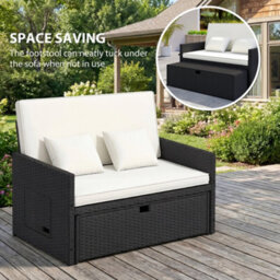 Outsunny Garden Rattan Furniture Set 2 Seater Patio Sun Lounger Daybed Cream - thumbnail 7