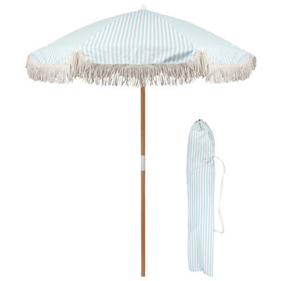 Harbour Housewares 1.4M Wooden Garden Parasol With Tassel Fringe Portable Free-Standing Umbrella With Carry Bag - Blue Stripe - Upf30+ - image 1