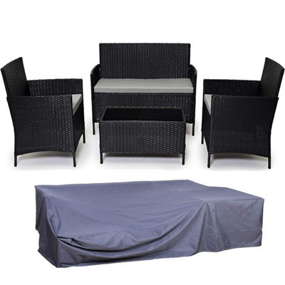 Evre Black Madrid Rattan Garden Furniture Set Patio Conservatory Balcony Outdoor 4 Seater Piece Glass Top Coffee Table & Cover - image 1