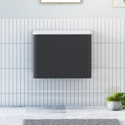 Royal Bathrooms Avenza 600mm Matt Obsidian Black Wall Hung Bathroom Vanity Unit 1 Drawer Plain White Undrilled Worktop& No Basin - image 1