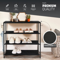 Keplin 4 Tier Shoe Rack With Wooden Top Shelf And 2 Hooks, Black (75X30X71Cm) - thumbnail 3