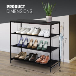 Keplin 4 Tier Shoe Rack With Wooden Top Shelf And 2 Hooks, Black (75X30X71Cm) - thumbnail 2
