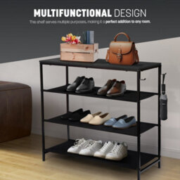 Keplin 4 Tier Shoe Rack With Wooden Top Shelf And 2 Hooks, Black (75X30X71Cm) - thumbnail 5