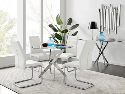 Furniturebox Novara Clear Tempered Glass 100Cm Round Dining Table With Chrome Starburst Legs & 4 White Lorenzo Faux Leather Chairs - image 1