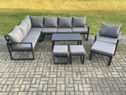 Fimous Aluminum 10 Seater Outdoor Lounge Corner Sofa Set Garden Furniture Sets With Oblong Coffee Table Chair 3 Footstools - thumbnail 2