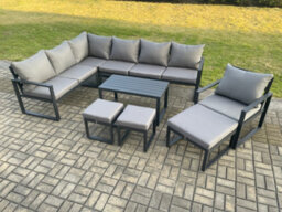 Fimous Aluminum 10 Seater Outdoor Lounge Corner Sofa Set Garden Furniture Sets With Oblong Coffee Table Chair 3 Footstools - thumbnail 1