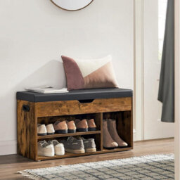 Padded Bench With Cushion, Shoe Storage, 3 Sections, Concealed Compartment, Room Lounge Hallway, Rustic Brown