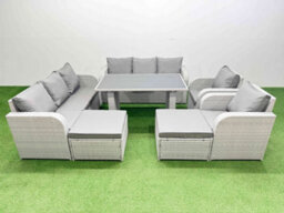 Fimous 10 Seater Wicker Pe Rattan Furniture Outdoor Dining Table 3 Seater Sofa Reclining Chair Set With 2 Big Stools Light Grey - thumbnail 2