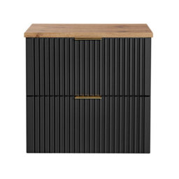 Impact Furniture Bathroom Black Vanity Unit 600mm Oak Countertop Ribbed Fluted Modern Wall Hung Drawer Cabinet Adel - thumbnail 2