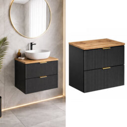 Impact Furniture Bathroom Black Vanity Unit 600mm Oak Countertop Ribbed Fluted Modern Wall Hung Drawer Cabinet Adel
