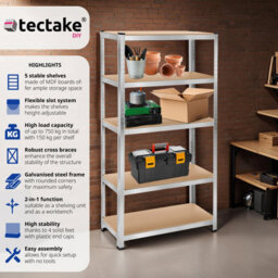 Tectake Garage Shelving - Heavy-Duty Galvanised Steel Frame, Height-Adjustable Shelves - 90 X 40 X 180 Cm - 750 Kg - Silver - thumbnail 2