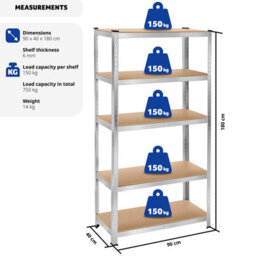 Tectake Garage Shelving - Heavy-Duty Galvanised Steel Frame, Height-Adjustable Shelves - 90 X 40 X 180 Cm - 750 Kg - Silver - thumbnail 6
