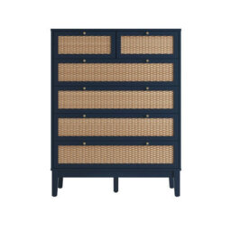 LPD Bordeaux Berlin Blue Chest Of Drawers With Rattan Front Gold Handles 6 Drawer Storage Unit