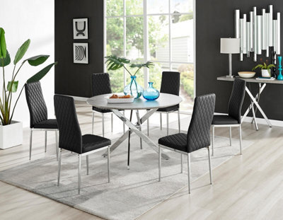 Furniturebox Uk Novara Grey Concrete Effect 120Cm Round Dining Table & 6 Black Milan Chrome Leg Chairs - image 1