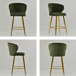 Lakeland Furniture Flake Olive Green Velvet Electroplated Gold Fixed Base Bar Stool - thumbnail 2