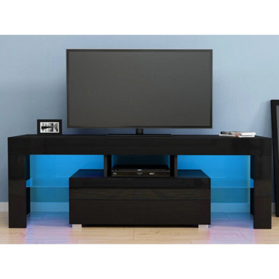 Modern Tv Unit Stand 1 Drawer Cabinet Black High Gloss Door With Rgb Led Lights - image 1