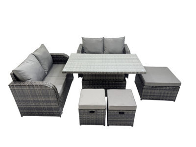 Fimous 7-Seater Patio Height Adjustable Rising Lifting Table Sofa Sets Rattan Garden Furniture Dining Set With 3 Stools - image 1