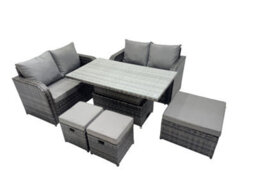 Fimous 7-Seater Patio Height Adjustable Rising Lifting Table Sofa Sets Rattan Garden Furniture Dining Set With 3 Stools - thumbnail 2