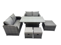 Fimous 7-Seater Patio Height Adjustable Rising Lifting Table Sofa Sets Rattan Garden Furniture Dining Set With 3 Stools - thumbnail 1