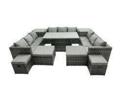 Fimous Rattan Dining Table Sofa Set With 2 Side Tables 4 Stools Outdoor 13 Seat Garden Furniture Set Dark Grey Mixed - thumbnail 2