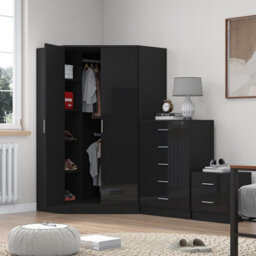 Reflect 2 Door Corner Wardrobe, 5 Drawer Chest, 2 Drawer Bedside - Black Gloss & Black Oak - Bedroom Furniture Set - thumbnail 2