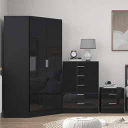 Reflect 2 Door Corner Wardrobe, 5 Drawer Chest, 2 Drawer Bedside - Black Gloss & Black Oak - Bedroom Furniture Set - thumbnail 3