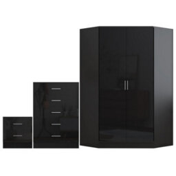 Reflect 2 Door Corner Wardrobe, 5 Drawer Chest, 2 Drawer Bedside - Black Gloss & Black Oak - Bedroom Furniture Set - thumbnail 6