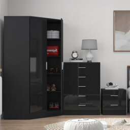 Reflect 2 Door Corner Wardrobe, 5 Drawer Chest, 2 Drawer Bedside - Black Gloss & Black Oak - Bedroom Furniture Set - thumbnail 4