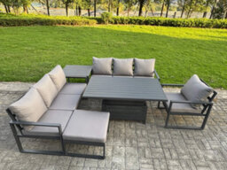 Fimous Aluminium Garden Furniture Sets,8 Seater With Rising Table Side Table Big Footstool For Yard,poolside, Patio, Dark Grey - thumbnail 2