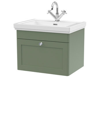 Balterley Swynnerton Traditional Bathroom Wall Hung 1-Drawer Vanity Unit & Fireclay Basin, Satin Green, 600mm - image 1