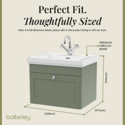 Balterley Swynnerton Traditional Bathroom Wall Hung 1-Drawer Vanity Unit & Fireclay Basin, Satin Green, 600mm - thumbnail 5