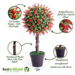 Best Artificial 2Ft / 60Cm Red Lavender Ball Tree Plant Garden Office Conservatory Tropical Indoor Outdoor - thumbnail 3