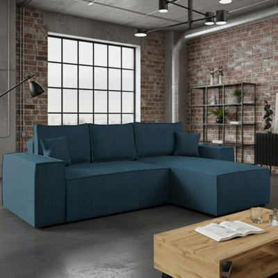 Malaga L Shaped Mdf Corner Sofa Bed With Storage Dl Pull Out Seat Loose Back Cushions 279X94X181 Turquoise Corduroy Right - image 1