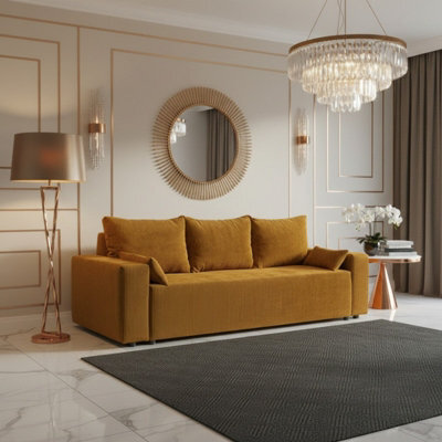 Livorno Sofa Bed For Living Room Foam Seat Wave Springs Wooden Legs Wood Frame 250X94X90 Cm Sleep Area 200X140 Mustard - image 1