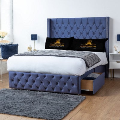 UKBEDFURNITURE Jasmine Blue Plush Wingback Divan Bed 2 Foot End Drawers With 10 Inch Orthopaedic Mattress & 54 Inch Headboard - image 1