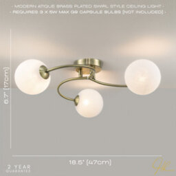 Happy Homewares Modern 3-Arm Antique Brass Ceiling Light With Opal Swirl Glass Spherical Shades - thumbnail 6