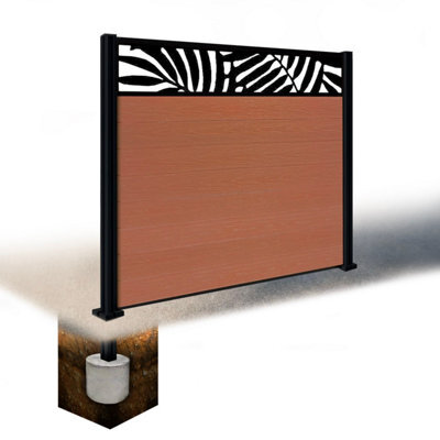 Easycomposite 5Ft Composite Fence Panel & Aluminium Post Sunken In Ground - Teak Boards & Leafy Topper Trellis - image 1